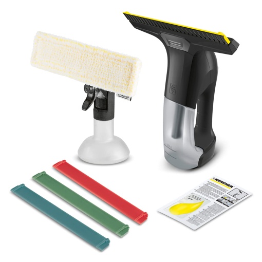 Aspirator pentru ferestre Karcher WV 6 Plus Multi Black Edition, durata de viata foarte lunga a bateriei de 100 min, sticla de pulverizare cu capac din microfibra, 3 buze de slefuire colorate, concentrat de curatare a geamurilor de 20 ml