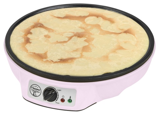 Bestron Crepes Maker in design retro, pentru clatite cu O 30 cm, incl. intinzator de aluat si strunjitor de clatite, cu acoperire antiaderenta, 1000 wati, culoare: roz