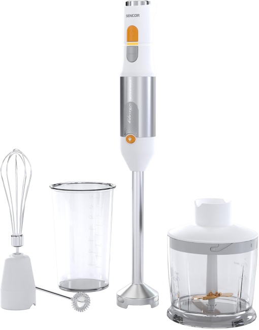 Blender de mana Sencor Ultra-Power 5-in-1, 1200W, cu tel, tocator si spumant de lapte, lame cvadruple din otel inoxidabil, control continuu al vitezei, design ergonomic - alb