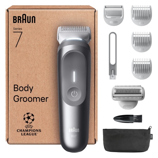 Braun Body Groomer Series 7, +8 accesorii, cu Smartlight si SkinGuard, baterie de 100 min, delicat in zonele sensibile, tundere si barbierit cu accesoriu SensitiveTrim, rezistent la apa, BG7555, gri