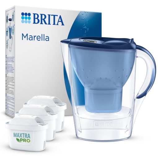 BRITA Filtru de apa Ulcior Marella albastru (2,4 l) incl. 3x MAXTRA PRO All-in-1 Cartus de filtru de apa - filtru pentru a reduce calcarul, clorul, plumbul, cuprul si substantele care afecteaza gustul din apa