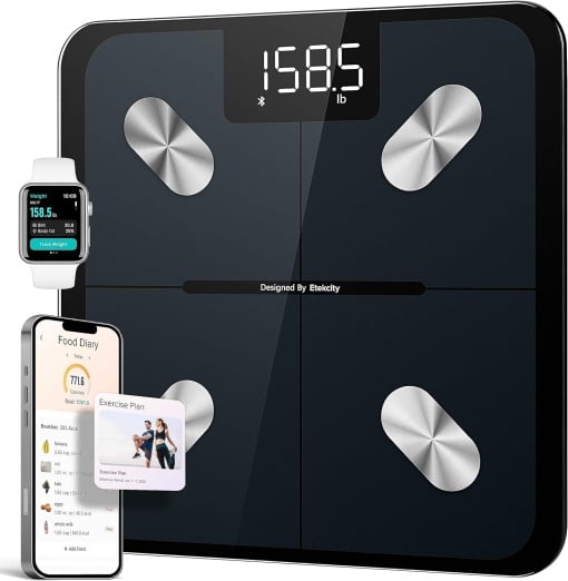 Cantar de grasime corporala Etekcity, cantar digital de baie cu APP 180 kg / 400 lbs, cantar inteligent pentru oameni cu grasime corporala si masa musculara, cantar de corp Bluetooth pentru bebelusi si femei insarcinate, negru