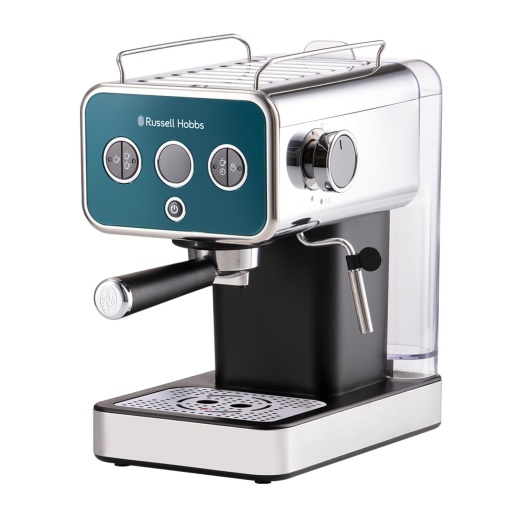 Espressor Russell Hobbs [Portafilter Machine] Distinction Stainless Steel Ocean Blue (15 bari, inserati 1 si 2 cani, tampoane ESE, autom. Doza si omul. Optiune, bagheta de abur (apa calda si spuma de lapte) 26451-56