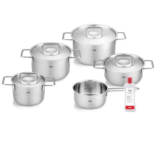 Fissler Pure Collection / Set de cratite din otel inoxidabil, 6 bucati, oale cu capac metalic (3 cratite, 1 caserola, 1 cratita, 1 ingrijire din otel inoxidabil) - inductie, argintiu