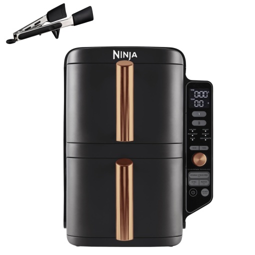 Friteuza cu aer Ninja Double Stack XL, 2 sertare verticale, 4 setari de caldura, 2 tavi, design care economiseste spatiu, capacitate de 9,5 l, 6 functii, 8 portii, cleste, negru/cupru SL400EUCP