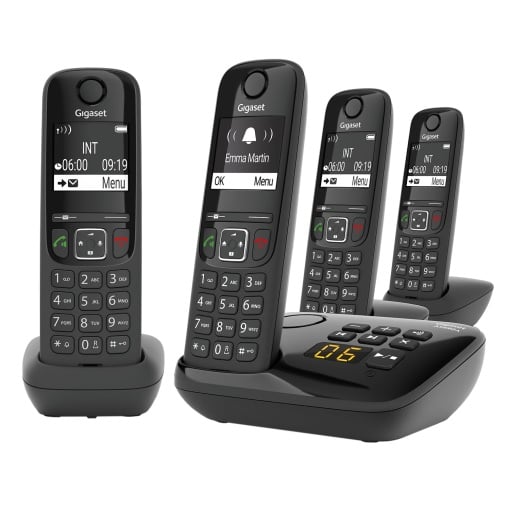 Gigaset AS690A Quattro - 4 telefoane DECT fara fir cu robot telefonic - afisaj de contrast usor de citit - sunet audio stralucitor - operare usoara - protectie impotriva apelurilor, negru [versiunea germana]