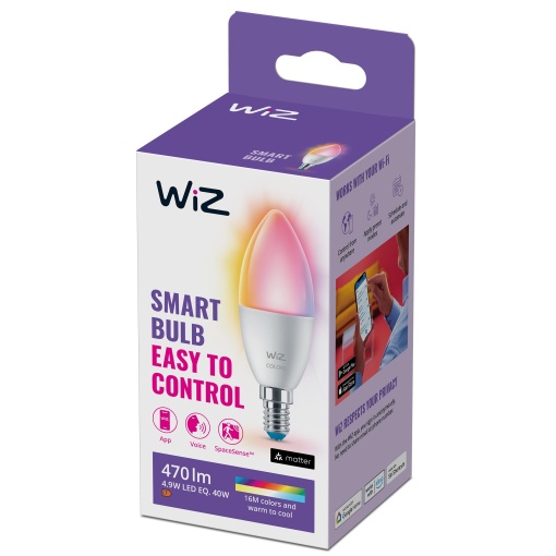 Lampa LED WiZ Alb si Color E14 (470 lm), lampa de 40 W cu 1 pachet cu 16 milioane de culori sau lumina reglabila alb cald pana la rece, control inteligent al iluminatului prin Wi-Fi prin voce/aplicatie