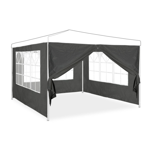 Perete lateral Relaxdays pentru foisor, set de 4, 2x3 m, panouri laterale cu fereastra si fermoar, impermeabil, PVC si PE, gri