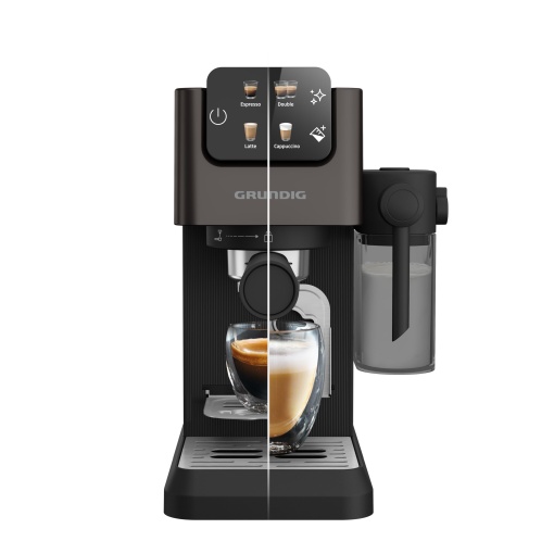 Portafiltru GRUNDIG KSM 5330 cu recipient de lapte integrat putere 1628 W presiune pompa 15 bari duza dubla afisaj tactil color BrewSense CreamyPro Da