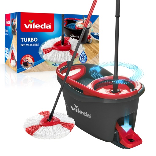 Set complet de mop Vileda Turbo, mop de podea cu cap de mop din microfibra, maner telescopic (58-123cm), galeata cu pedala de rotire si picior, pentru toate pardoselile, sistem de stergere sustenabil, ambalaj ecologic