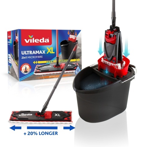 Set complet mop de podea Vileda Ultramax XL 2in1 mop extra-lat cu maner capac din microfibra si galeata cu presa electrica pentru toate pardoselile du
