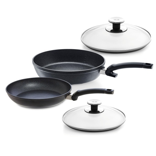 Set tigai Fissler Adamant 4 bucati 1x Adamamt Classic 24 cm si 1x Adamant Comfort 28 cm capac din sticla tigai din aluminiu acoperit antiaderente rezi