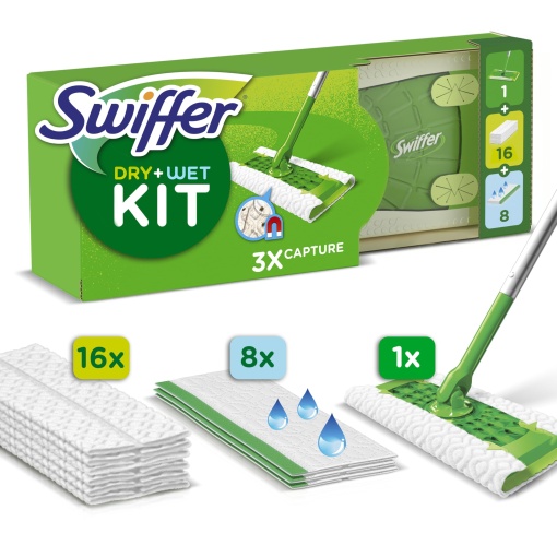 Swiffer Floor Mop Dry & Wet Starter Set pentru curatarea lemnului de esenta tare si a podelelor, contine: 1 mop de podea, 16 carpe uscate pentru podea, 8 carpe umede pentru podea