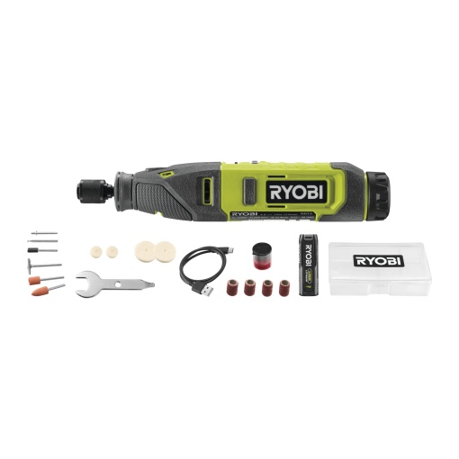 Unealta rotativa fara fir RYOBI 4 V USB-Lithium RRT4-120GA15, incl. set de accesorii de 15 piese, incl. 1 baterie de 4 V 2,0 Ah si cablu de incarcare USB-C