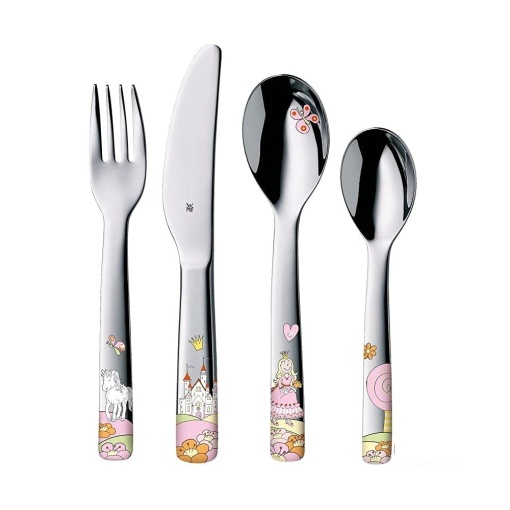 WMF Princess Anneli Set tacamuri pentru copii 4 piese, Tacamuri pentru copii fete din otel inoxidabil, tacamuri pentru copii de la 3 ani, Cromargan lustruit, sigur pentru masina de spalat vase
