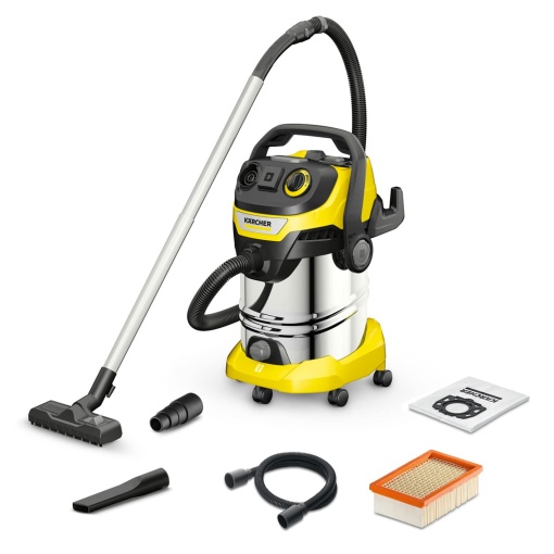 Aspirator umed/uscat Karcher WD 6 P S V-30/6/22/T, incl. priza, filtru plisat plat, cutie de filtrare patentata, curatare filtru, 1.300 W, recipient din otel inoxidabil: 30 l si dop de scurgere, furtun de aspiratie: 2,2 m