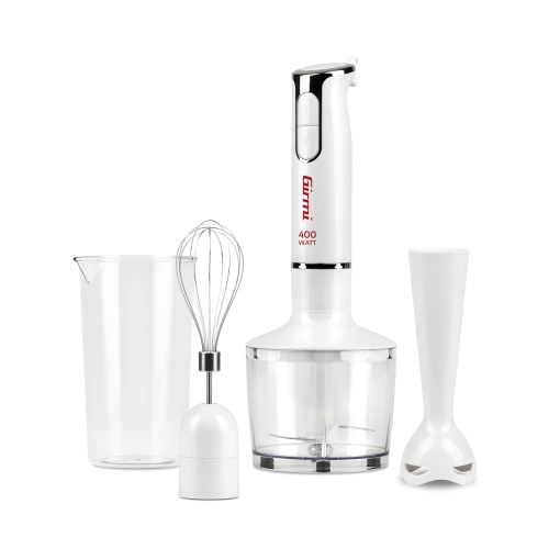 Blender de mana Girmi MX17 cu set, Blender 3 in 1 Blender Tel, 400 W, Motor DC, 2 viteze, Lame din otel inoxidabil, pahar de masurare de 700 ml inclus, alb.