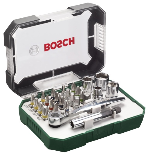 Bosch 26 buc. Set de capete de surubelnita si clichet (calitate extra dura, cu adaptor, suport universal, accesoriu de gaurit/surubelnita si surubelnita)