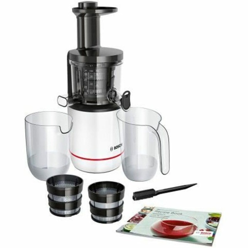 Bosch Juicer SlowJuicer VitaExtract MESM500W, stors prietenos cu vitaminele, foarte silentios, usor de curatat, pentru fructe si legume tari, fara BPA, 150 W, alb