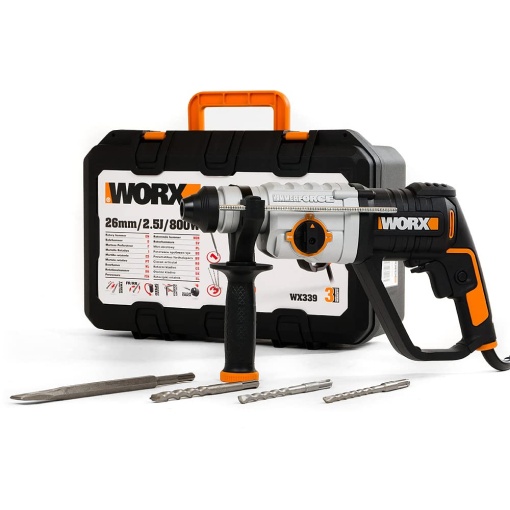 Ciocan rotativ WORX WX339 800W - Burghiu cu percutie 3 in 1 ca burghiu, burghiu cu percutie si dalta - schimbare rapida si convenabila a burghiului si a burghiului