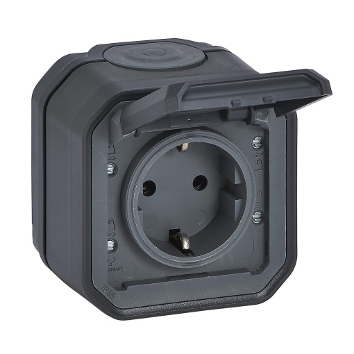 LEGRAND, Plexo New Priza rezistenta la umiditate, standard Schuko, inclusiv capac cu balamale, protectie la contact, terminale plug-in, 16 amperi, 250 volti, IP44 - IK07, culoare: antracit, 069799L