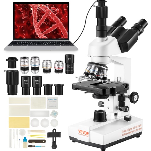 Microscop trinocular VEVOR 10X, 25X, Microscop compus cu lentile auxiliare, obiective 4X, 10X, 40X, 100X, Microscop cu lumina reflectata de laborator Marire 40-5000, Microscop de laborator 100-240V