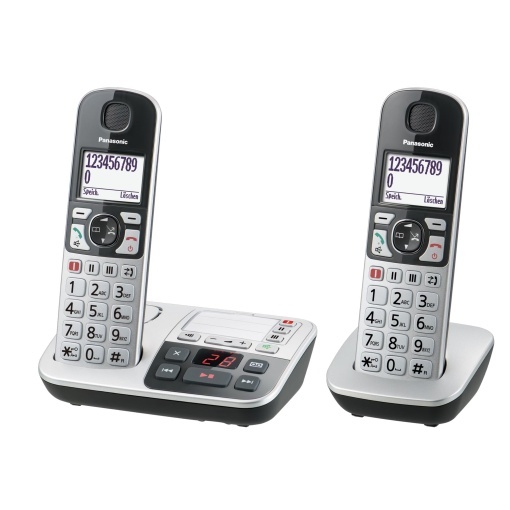 Panasonic KX-TGE522GS Telefon DECT pentru seniori cu apel de urgenta (telefon cu cheie mare cu robot telefonic, fara fir, telefon DUO)argintiu-negru, max 1,5 ore - vorbire, afisaj de 4,6 cm, 150 intrari, max 330 ore in asteptare,