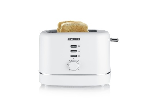 Prajitor de paine automat SEVERIN, pentru 2 felii, atasament pentru role din otel inoxidabil, functie de incalzire si dezghetare, grad reglabil de rumenire, oprire automata, 850 W, alb, AT 4324