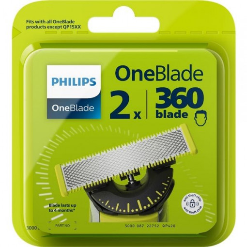 Set de 2 lame de schimb Philips OneBlade 360 QP420/50, Lamă cu două tăişuri, Se potriveşte cu toate modelele OneBlade
