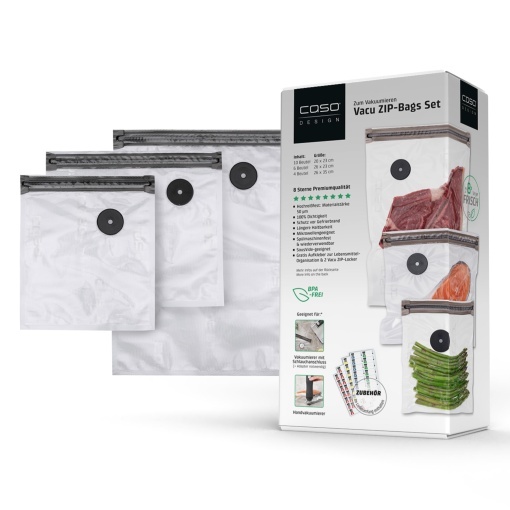 Set pungi reutilizabile CASO Vacu ZIP-Bags 20 bucati rezistente 150 um pentru SousVide si congelare