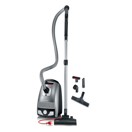 SEVERIN Aspirator de podea cu sac S'POWER, aspirator puternic si silentios cu roti la 360deg, filtru HEPA 13, accesorii pentru parchet si mocheta, gri platina - rosu granat, BC 7045