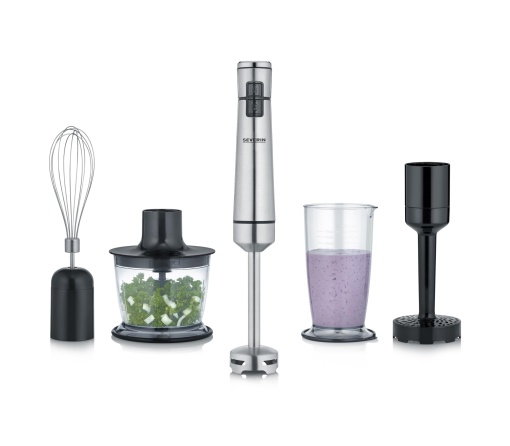 SEVERIN Blender de mana fara fir cu set premium, blender detasabil, cu blender, tocator multiplu, ulcior blender, tocator de cartofi si tel, otel inoxidabil negru/periat, SM 3775
