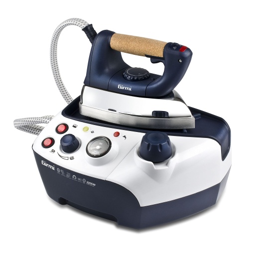 Sistem de calcat Girmi SS65 "Stirbella", Fier de calcat cu abur, 2200 W, 3,5 bari, 30-60 g/min, manometru, blocare de siguranta, capacitate rezervor de apa 1 litru, buton de reglare, alb/albastru