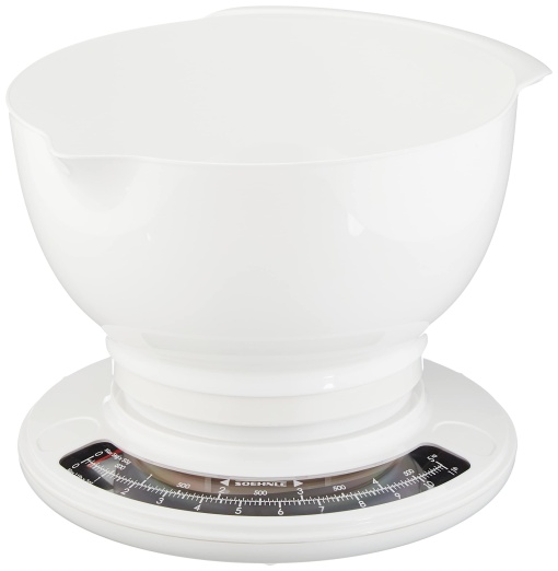 Soehnle Culina Pro 5 kg, cantar de bucatarie analogic, alb, greutate de pana la 5 kg (exact 50 g), cantar de uz casnic cu bol mare de amestecare, cantar de bucatarie retro pentru prajituri si multe altele