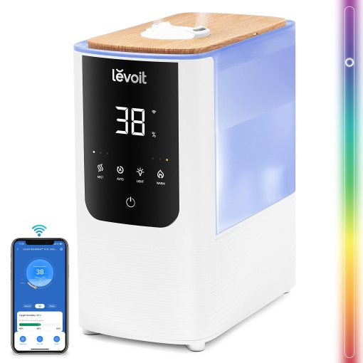 Umidificator inteligent LEVOIT, ceata calda si rece max 550 ml/h, umidificator de 4,5 litri pana la 40m^2 45 ore, umidificator de camera cu aroma de 26 dB cu lumina de noapte pentru camera copiilor din dormitor si plante, exclusiv pentru Amazon, alb