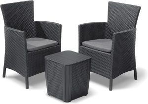 Allibert by Keter Balcony Furniture Set Iowa, grafit/gri rece, 3 bucati, incl. perna de sedere, plastic, aspect plat din ratan, rezistent la intemperii, rezistent la UV