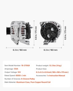 Alternator auto VEVOR 11185 Chevrolet Impala LSLT 35L LTZ 39L Monte Carlo V6 - Img 7