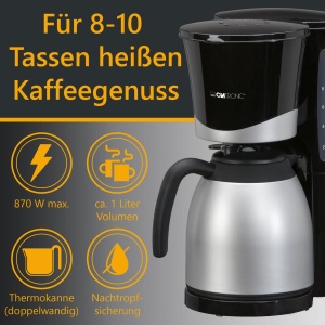 Aparat de cafea Clatronic(r) cu ulcior termic | Aparat de cafea pentru 8-10 cesti | Cafea la filtru | Oprire prin picurare si oprire automata | Insertie de filtru detasabila | Indicator de nivel al apei | 1 litru | KA 3327 negru - Img 2