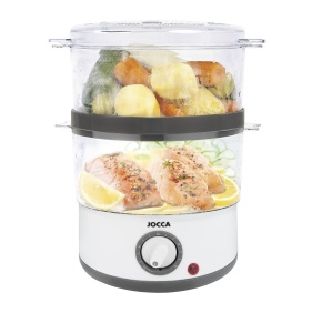 Aparat de gatit cu aburi JOCCA 5555, timer 60 minute, capacitate dubla, albalbastru