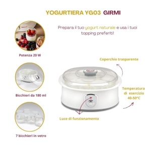 Aparat de iaurt Girmi YG03, 7 recipiente de 180 ml, 20 W, alb - Img 2