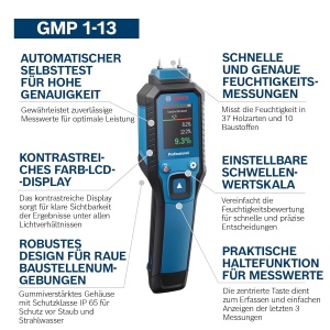 Aparat de masurat umiditate Bosch Professional GMP 1-13, 37 tipuri de lemn, IP 65 - Img 4