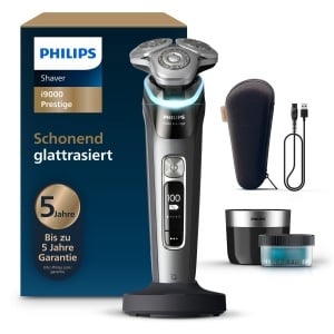 Aparat de ras Philips i9000 Prestige, aparat de ras umed si uscat pentru barbati cu aparat de tuns integrat, gri inchis, senzor de presiune, statie de curatare, statie de incarcare si geanta de calatorie (model XP9202/30)