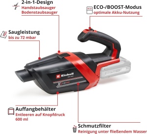 Aspirator de mana fara fir Einhell TE-HV 18/06 Li-Solo Power X-Change (18 V, putere de aspiratie de 72 mbar, incl. duza pentru crapaturi, duza de tapiterie, duza de podea, recipient de praf de 0,6 L, fara baterie) - Img 3