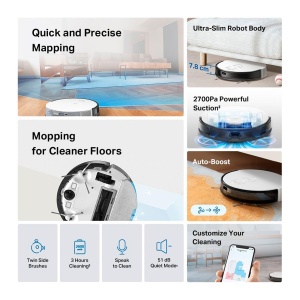 Aspirator robot de navigatie Tapo RV20 Mop MagSlim LiDAR cu functie de stergere, moduri de aspiratie in 4 etape de 2700Pa, curatare silentioasa de 51 dB, baterie de 2600 mAh, incarcare automata, accepta controlul prin Alexa Alexa si Google - Img 4