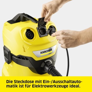 Aspirator umed si uscat Karcher WD 4 P V-20/5/22, recipient din plastic, cablu galben de 5 m, furtun de aspiratie de 2,2 m, cu priza pentru aparate, unealta de podea cu cleme, sistem de inchidere "Pull & Push", galben - Img 6