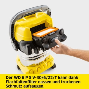 Aspirator umed/uscat Karcher WD 6 P S V-30/6/22/T, incl. priza, filtru plisat plat, cutie de filtrare patentata, curatare filtru, 1.300 W, recipient din otel inoxidabil: 30 l si dop de scurgere, furtun de aspiratie: 2,2 m - Img 2