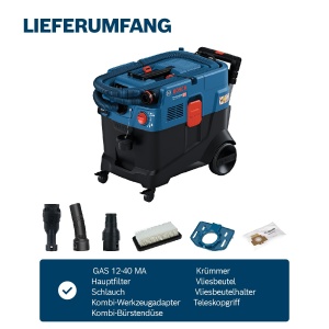 Aspirator universal profesional Bosch Gaz 12-40 mA (1200 W, curatare automata a filtrului (AFC), incl. filtru principal, furtun, adaptor pentru unelte combinate, duza de perie combinata) - Img 6
