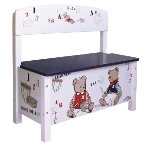 Banca de joaca Truhenbank Teddy College, 30 cm, alba, din MDF si lemn masiv