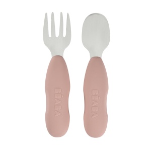 BEABA, set 2 tacamuri pentru copii din otel inoxidabil si silicon, tacamuri pentru copii, de la 10 luni, forma ergonomica, maner ergonomic, tacamuri de invatare pentru copii, vata de zahar