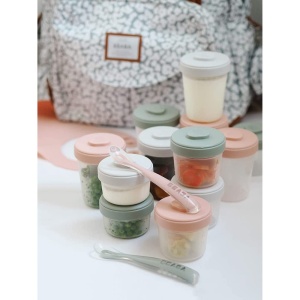 BEABA, Set de 12 recipiente de depozitare si 2 linguri de hranire din silicon, recipiente stivuibile, 100% etanse, congelare, lapte matern, 2 x 90 ml + 4 x 150 ml + 6 x 250 ml, eucalipt - Img 2